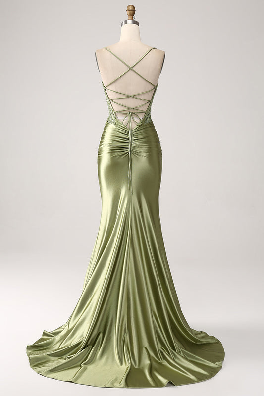 Vestido de Graduación Sirena Verde Salvia con Tirantes Finos, Espalda con Cordones y Abertura