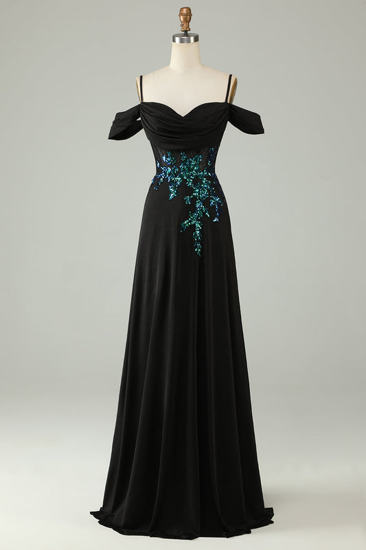 Robe de bal longue en corset à paillettes noires et épaules dénudées