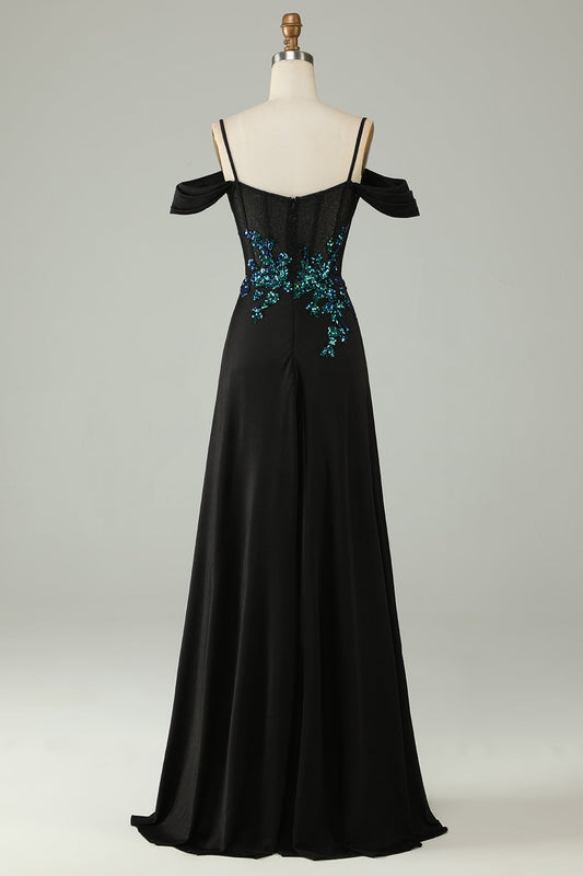 Robe de bal longue en corset à paillettes noires et épaules dénudées