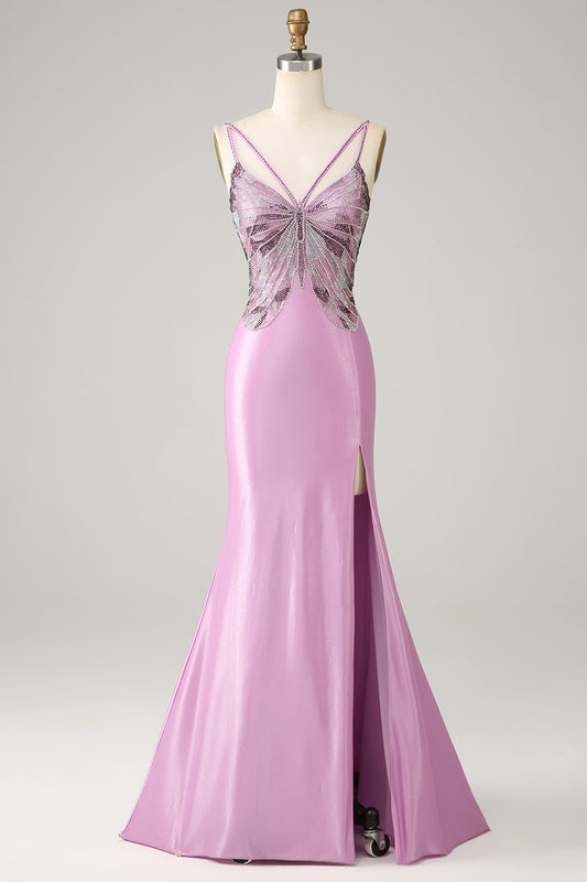 Robe de bal violette sirène dos nu à fines bretelles avec papillons