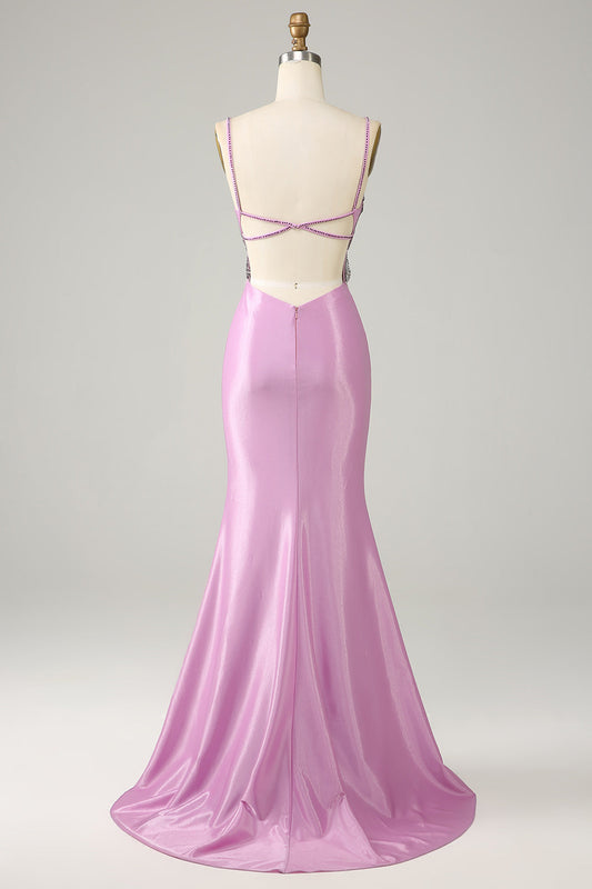 Robe de bal violette sirène dos nu à fines bretelles avec papillons