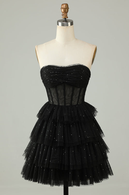 Robe de bal de fin d'année corset bustier sans dos en ligne A noire