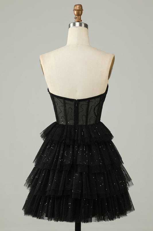 Robe de bal de fin d'année corset bustier sans dos en ligne A noire