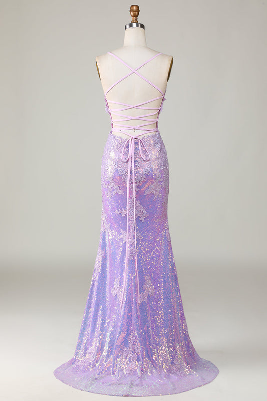 Robe de bal bustier violette à bretelles spaghetti fendue avec détails sirène scintillants