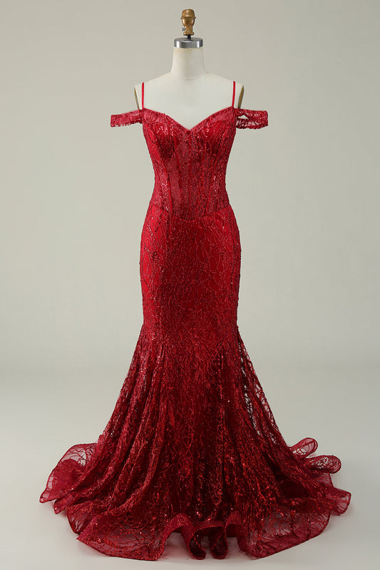 Robe longue de bal sirène Bourgogne à épaules dénudées