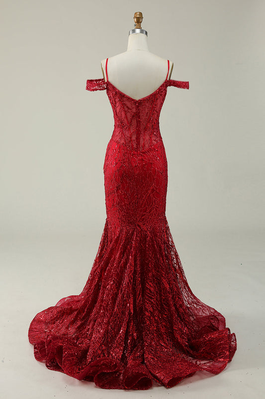 Robe longue de bal sirène Bourgogne à épaules dénudées