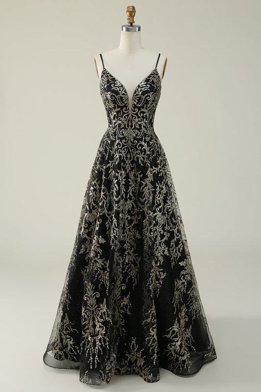 Robe longue de bal noire et dorée à fines bretelles