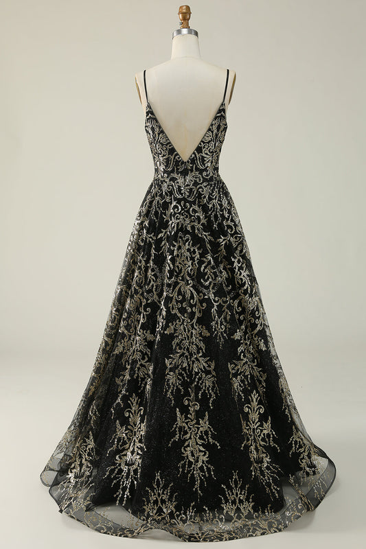 Robe longue de bal noire et dorée à fines bretelles
