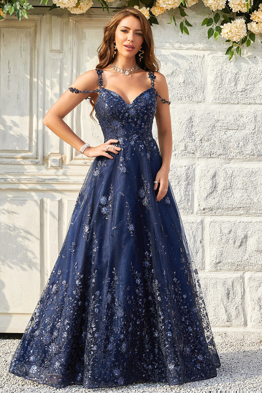Robe de bal longue bleu marine à épaules dénudées avec appliqués