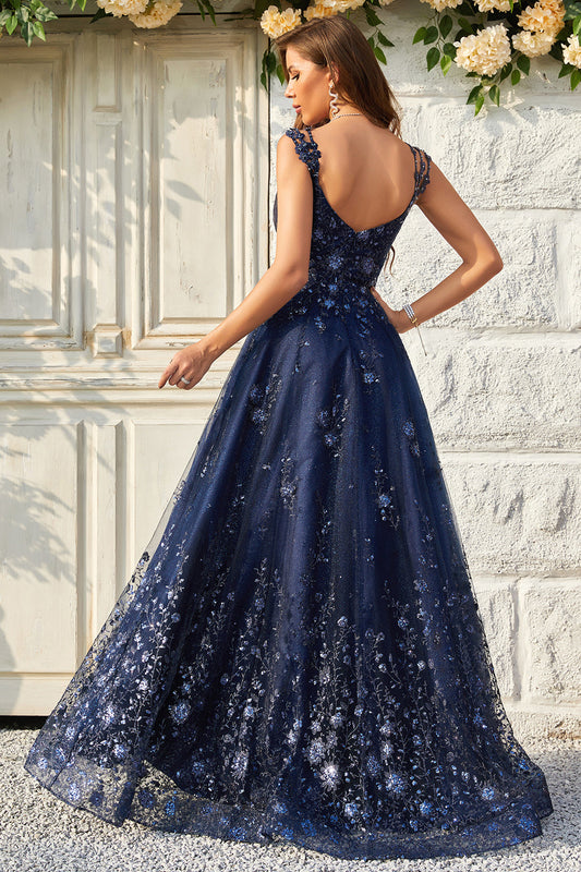 Robe de bal longue bleu marine à épaules dénudées avec appliqués