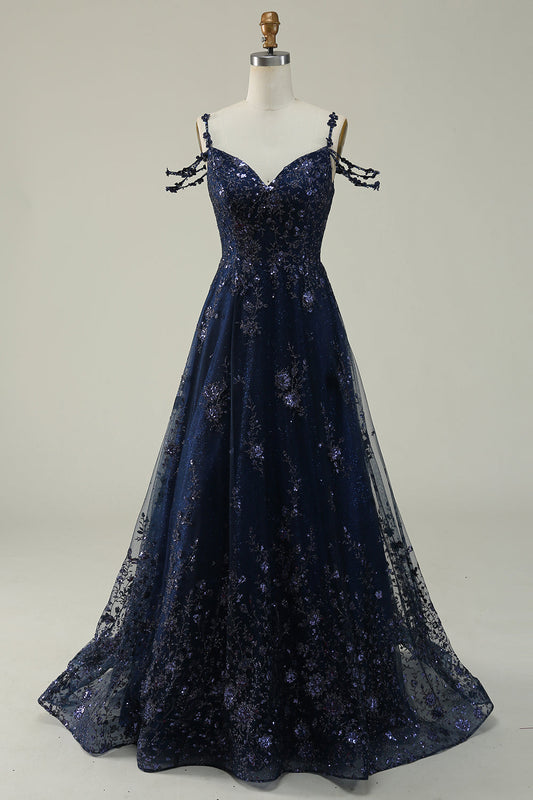 Robe de bal longue bleu marine coupe trapèze à épaules dénudées