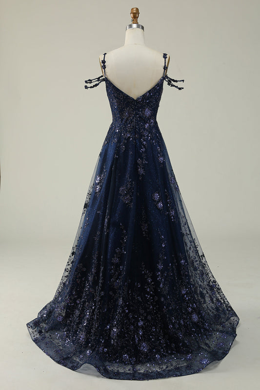 Robe de bal longue bleu marine coupe trapèze à épaules dénudées