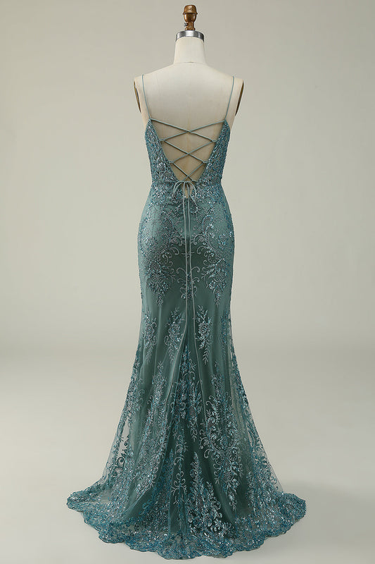 Robe de bal longue verte sirène à fines bretelles avec fente sur le devant