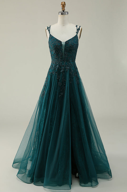 Robe de bal longue vert foncé coupe A avec fines bretelles et appliques