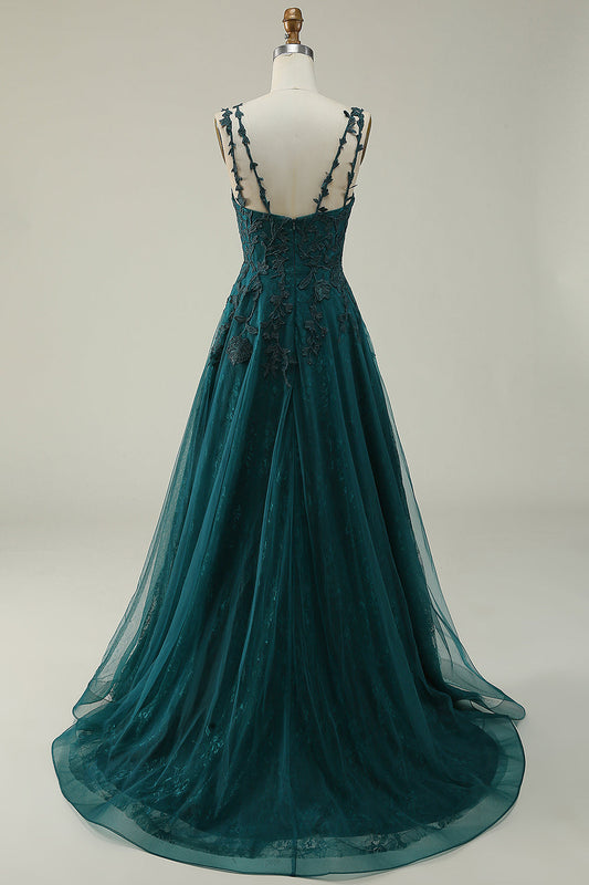 Robe de bal longue vert foncé coupe A avec fines bretelles et appliques