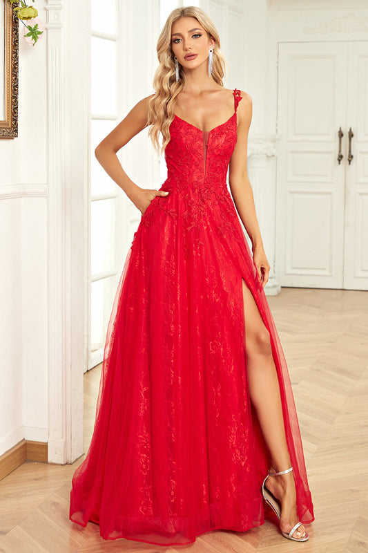 Robe de bal longue rouge à bretelles spaghetti ligne A avec appliques