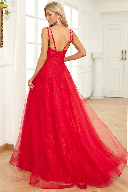 Robe de bal longue rouge à bretelles spaghetti ligne A avec appliques