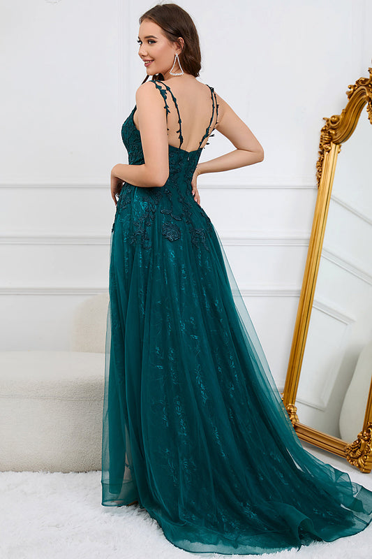 Robe longue de bal de promo vert foncé en ligne A à fines bretelles et à appliques