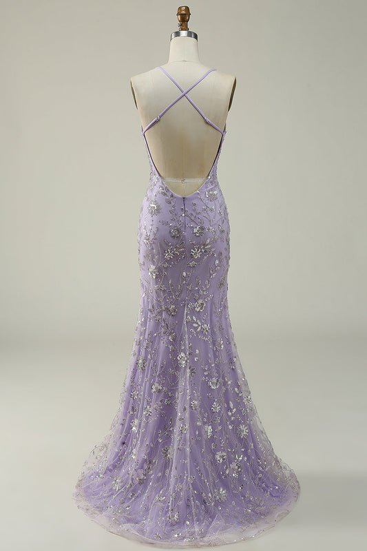 Robe de bal longue sirène violette à fines bretelles et perles