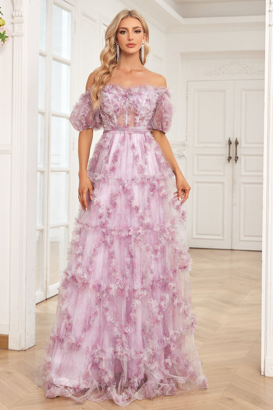 Charming A-Line Off-the-Shoulder Purple Long Prom Dress with Print