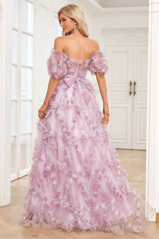 Charming A-Line Off-the-Shoulder Purple Long Prom Dress with Print