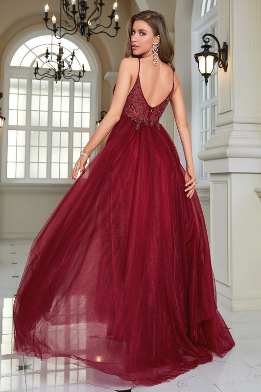Robe de bal longue en tulle à perles bourgogne étincelante avec fente
