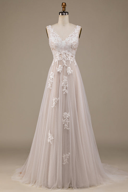 Robe de mariée traîne brosse en tulle abricot avec dentelle
