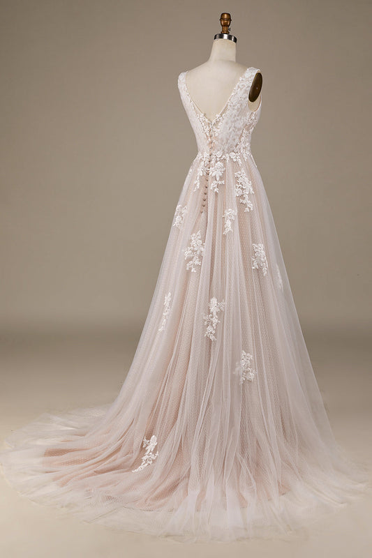 Robe de mariée traîne brosse en tulle abricot avec dentelle