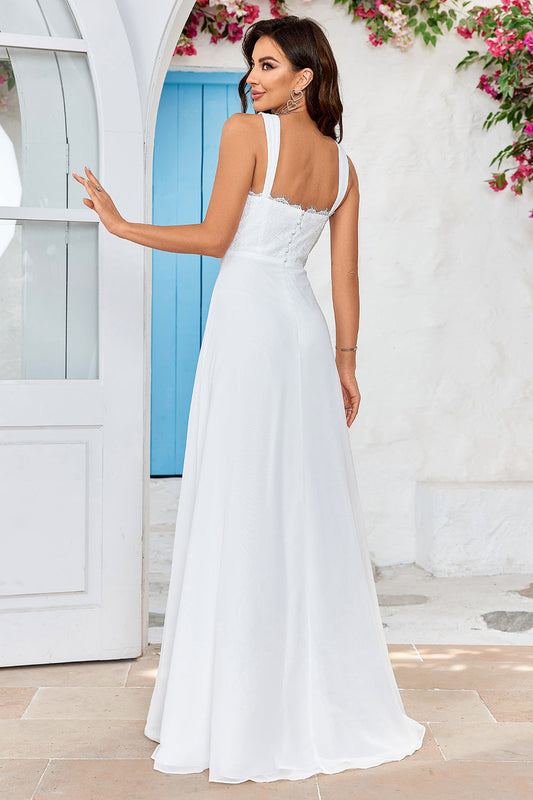 Robe de mariée simple bohème ivoire en dentelle à encolure dégagée